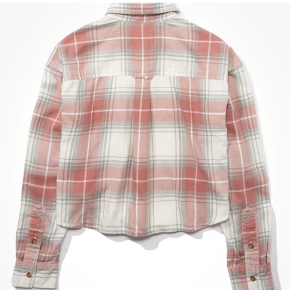 AE Plaid Cropped Button Up Shirt Muted Red Gray Size Medium - Picture 5 of 13